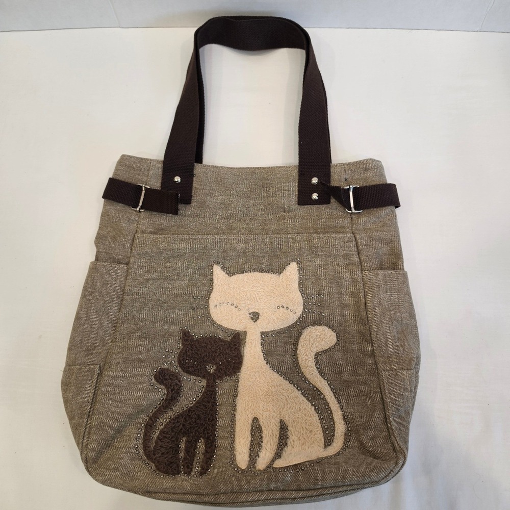 Unbranded Khaki Canvas Multi-Pocket Tote Bag with Brown Straps